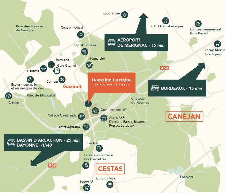 Carte des commodités à proximité du Domaine Lartigue