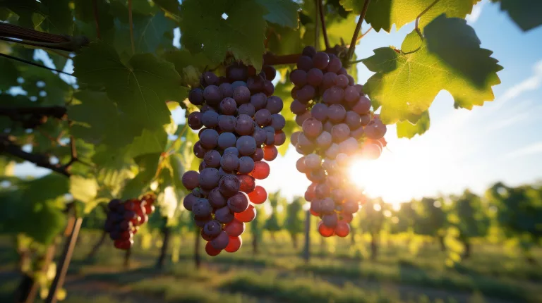 Sun-kissed grapes cluster on the vine in  verdant vineyard.